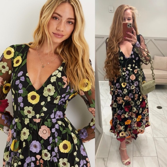 🌿 Black Multi-Color 3D Floral Embroidered LongSleeve Midi Dress 🌿 - Picture 7 of 11